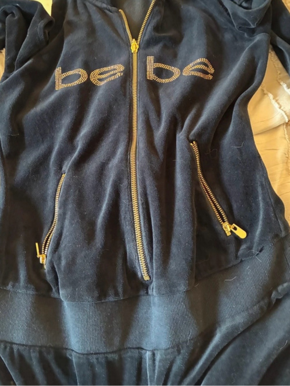 bebe Black Velvet Zip Hoodie Jumpsuit with Gold Hardware - Picture 2 of 6